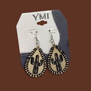 YMI Black and Gold Earrings wood leather styled cactus western flair new